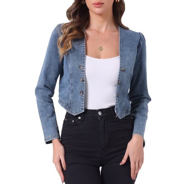 Chaqueta de mezclilla recortada INSPIRE CHIC para mujer, bolero casual sin cuello y de frente abierto XS Azul Polvoriento