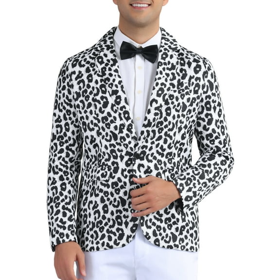 INSPIRE CHIC Men's Blazers Animal Print Notched Lapel Slim Fit Blazer M Black White