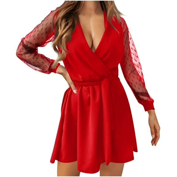SEMPAI Spring Savings Summer Dresses Womens Dresses Summer 2025 Long Sleeve Crew Neck Solid Mid-Length Summerdresses Soft and Comfortable for Cocktail Party Women's Plus Dresses Clearance