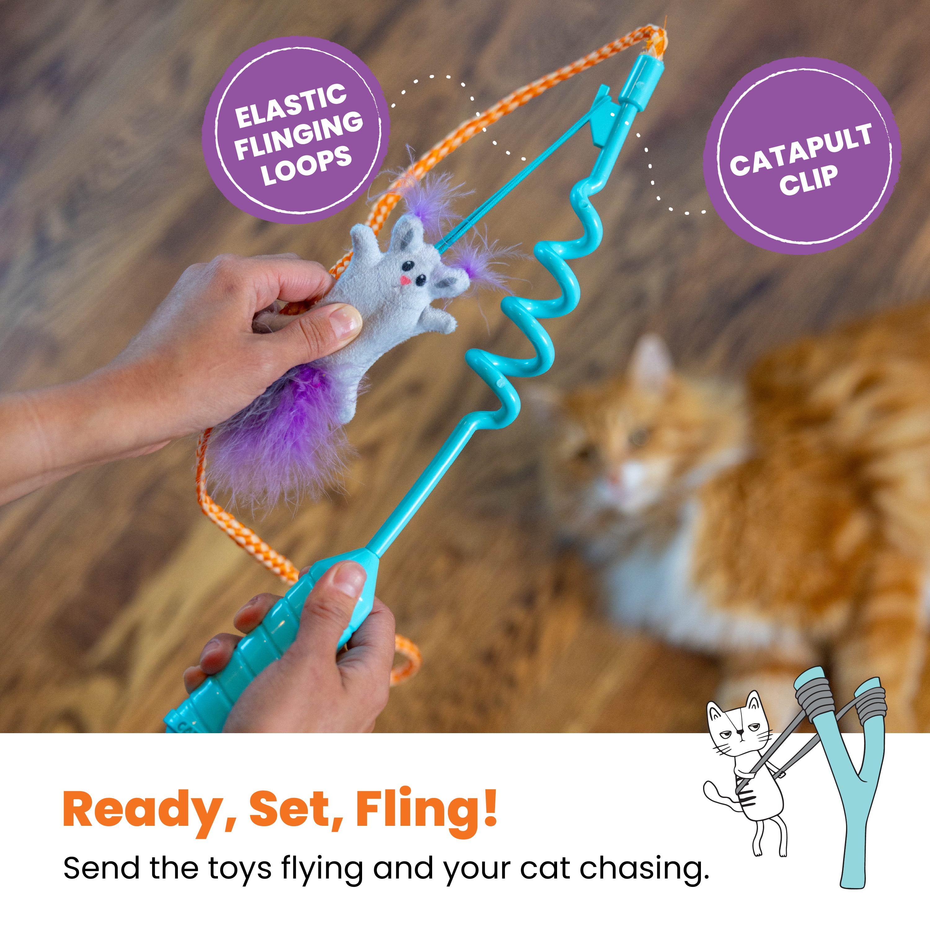 Catstages Cat-apult Spring Wand Durable and Interactive Teaser with Flinger Clip & Two Cat Toys, Catnip Toy & PomPom Ball, Blue