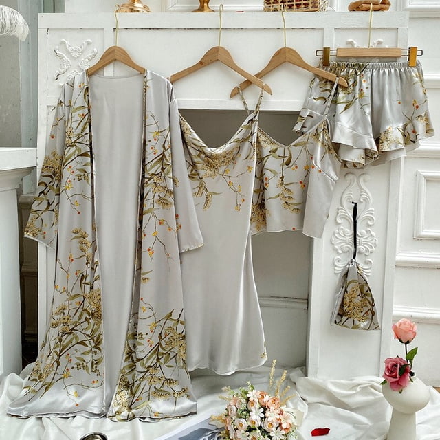 REDHOTYPE New Sakura Print 5 Piece Pajama Set Women's Homewear Robe Top Robe Shorts Pack Pajamas Homewear