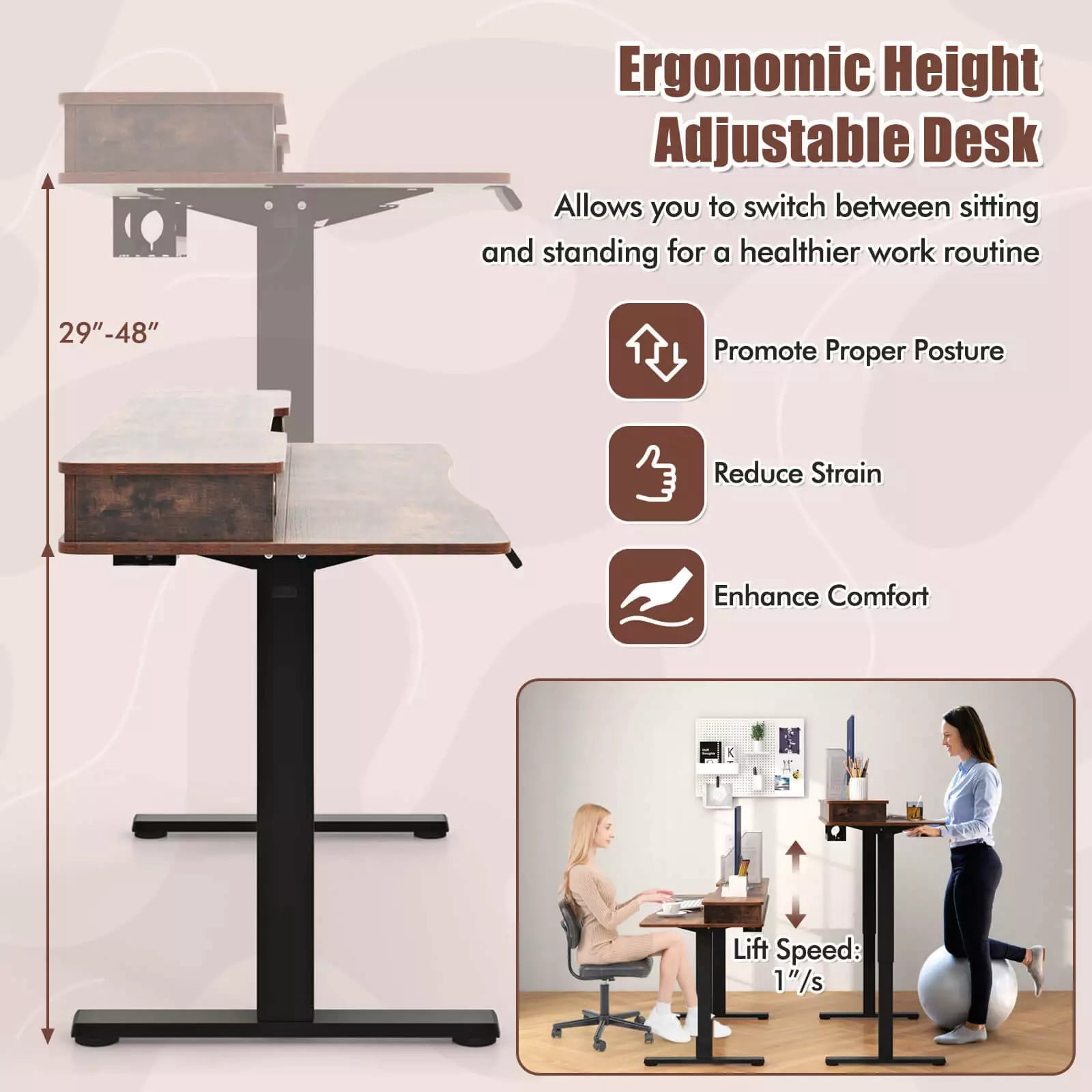 Auranook 48" x 24" Standing Desk with Drawers, Electric Stand-up Desk with Monitor Stand, 2 Drawers, Side Hooks, 3 Memory Heights, Anti-collision Design