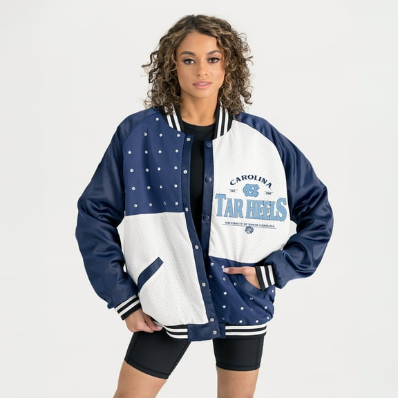 Women's Gameday Couture Navy North Carolina Tar Heels Oversized Inner Drive Varsity Rhinestone Full-Snap Bomber Jacket
