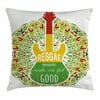 Rasta Throw Pillow Cushion Cover, Reggae Music Makes Me Feel Good Quote Jamaican Island Culture Iconic Guitar, Decorative Square Accent Pillow Case, 18 X 18 Inches, Green Yellow and Red, by Ambesonne
