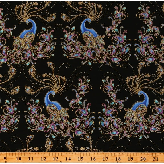 Cotton Peacocks Feathers Metallic Peacock Flourish on Black Cotton Fabric Print by the Yard (10228M-12)