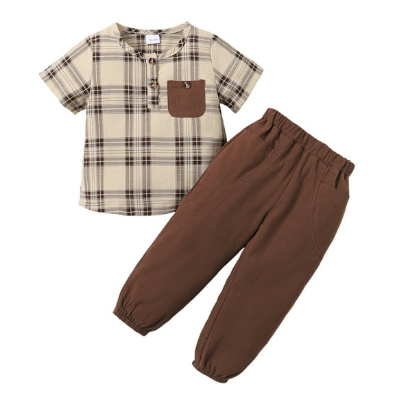 KIMI BEAR Infant Baby Boys Pant Sets Plaid Short Sleeves Top   Pants 2pcs Outfits Sets Summer Fall Brown 18-24 Months