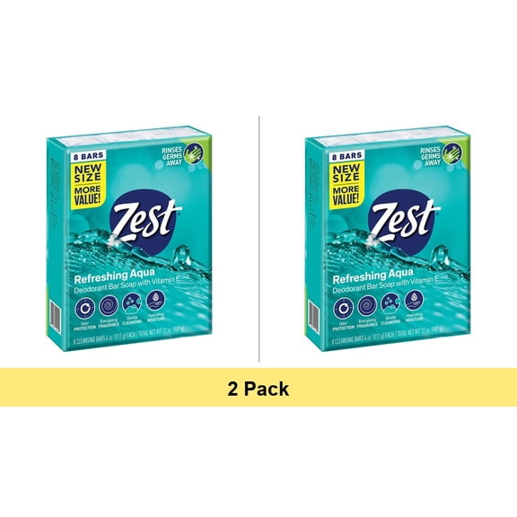 Zest Deodorant Bar Soap Hydrating Moisture All Skin Types Aqua 4 oz 8 Bars - 2 Pack