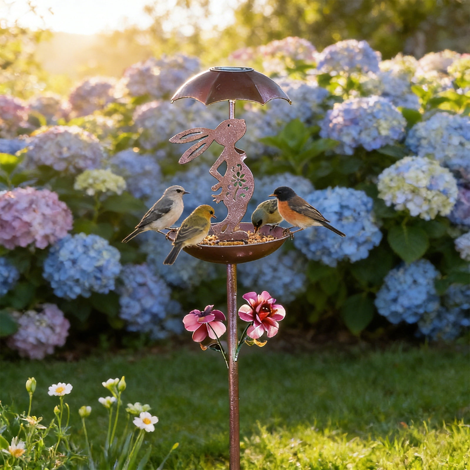Solar Bird Feeder Iron Bunny Umbrella Stake with Solar Powered Light for Garden Yard Patio Outdoor Metal Ground Decor Easter Spring Wrought Iron