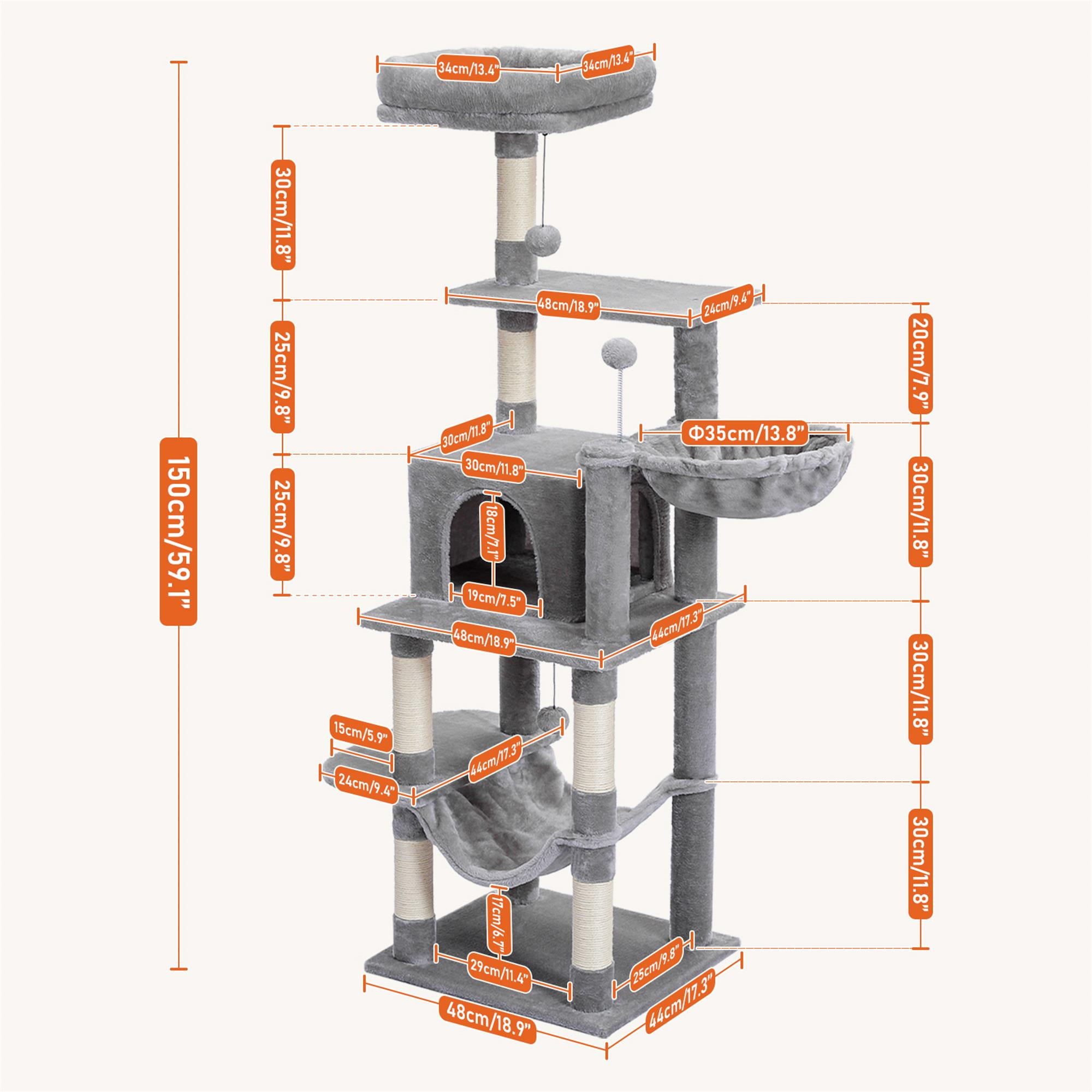 Kadyn 59" Cat Tree Tower for Indoor Cats, Plush Multi-Level Cat Condo with 6 Scratching Posts, Perches, Caves, Hammock, Gray
