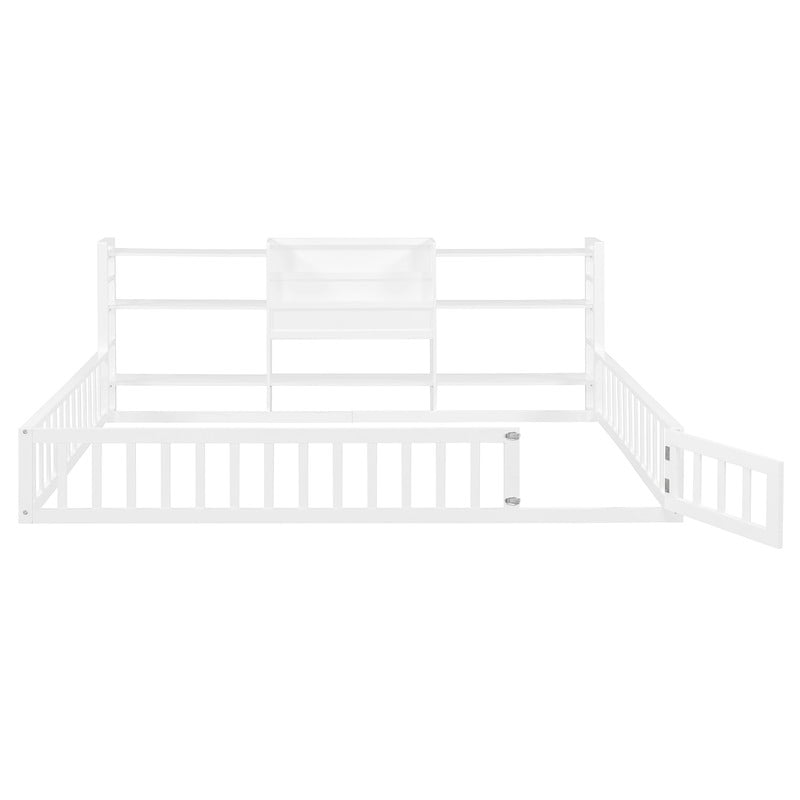 Full Size Floor Bed Platform Bed with Side Bookcase and 3-Tier Storage Shelves, Solid Wood Low Profile Montessori Floor Bed with Safety Guardrails for Kids, Boys, Girls