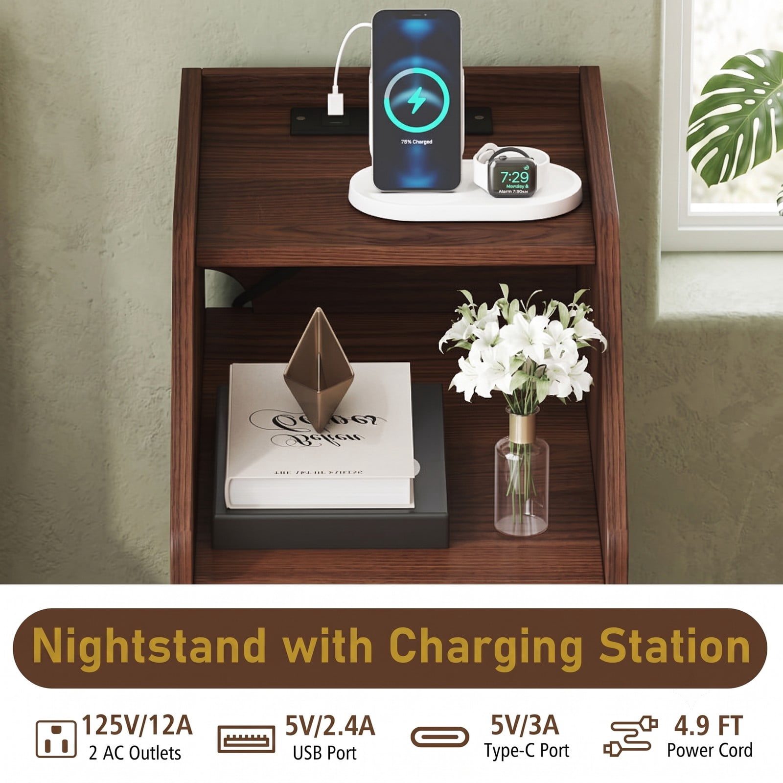 Furnibear Side End Table with Charging Station, Nightstand Sofa Couch Side Table with 2 Drawers, Open Shelf and Cable Hole for Living Room Bedroom, Walnut