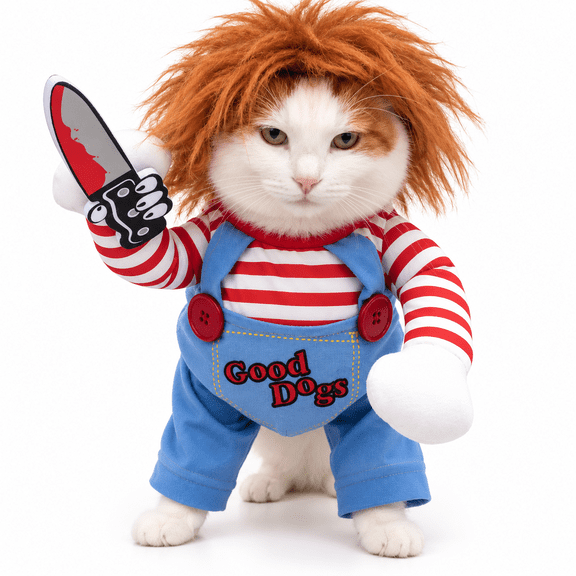 Halloween Pet Costume, Funny 3D Standing Killer Doll Outfit with Prop Knife, Adjustable Cosplay Clothes for Cats Small Medium Dogs, Party Photo Prop, M