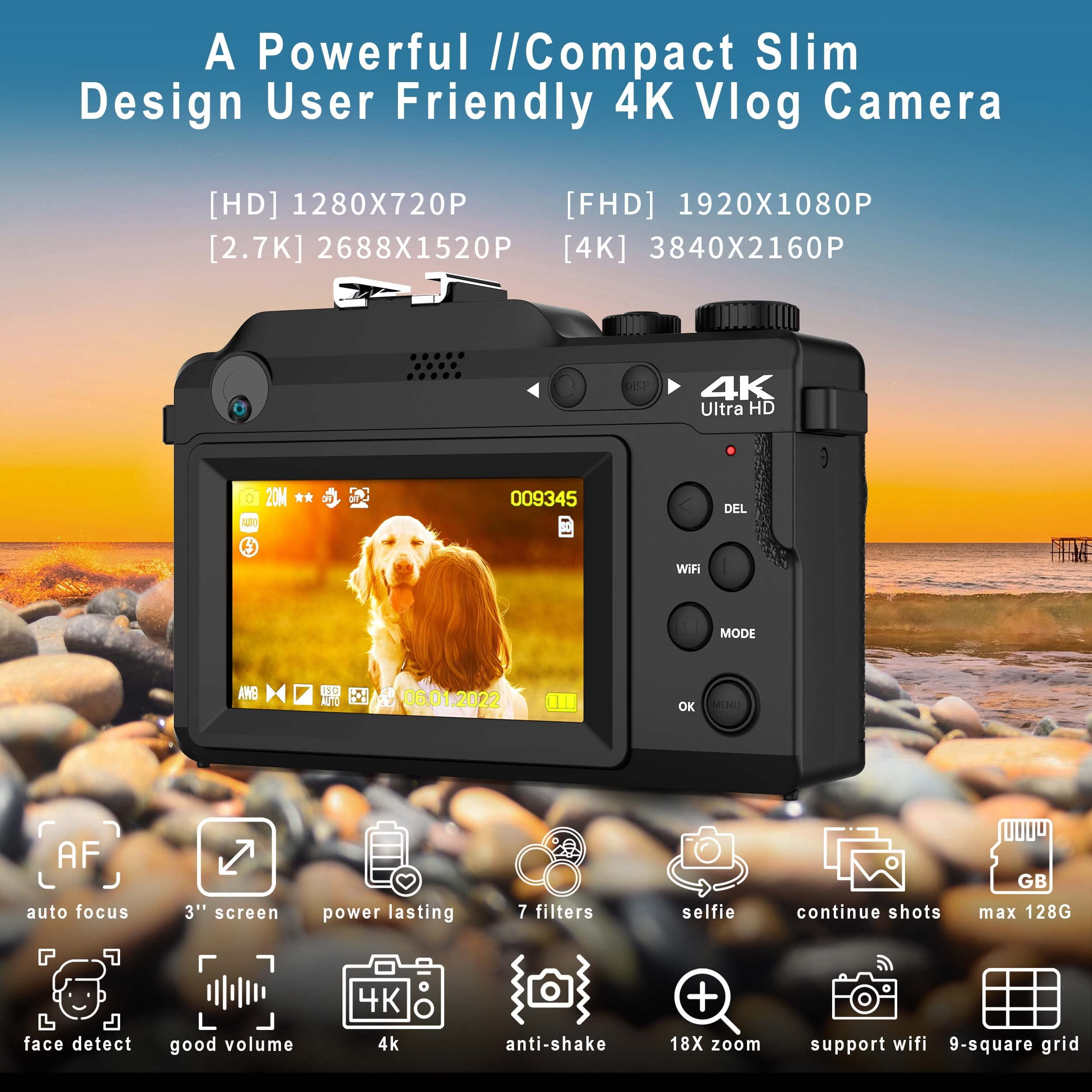 4K Digital Camera for YouTube 48MP Digital Cameras for Photograph Vlogging Camera with WiFi, 32G TF Card, Autofocus, Built-in 8 Color Filter