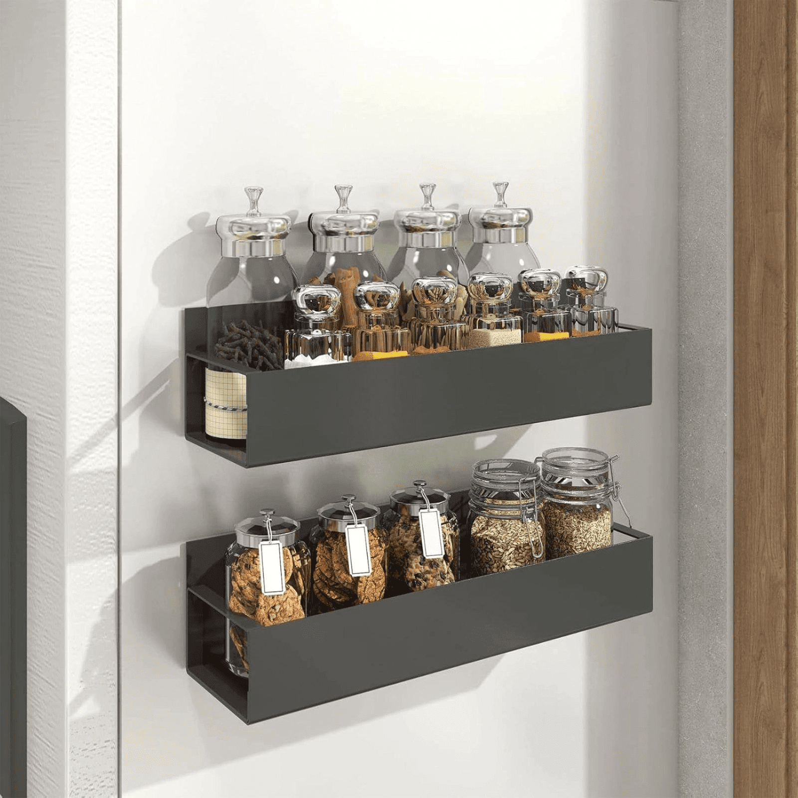 Set of 6 Magnetic Metal Rack for Refrigerator Side Black, Kitchen Storage Shelf with Hooks – Holds Jars, Bottles, Cans – Space-Saving Fridge Organizer