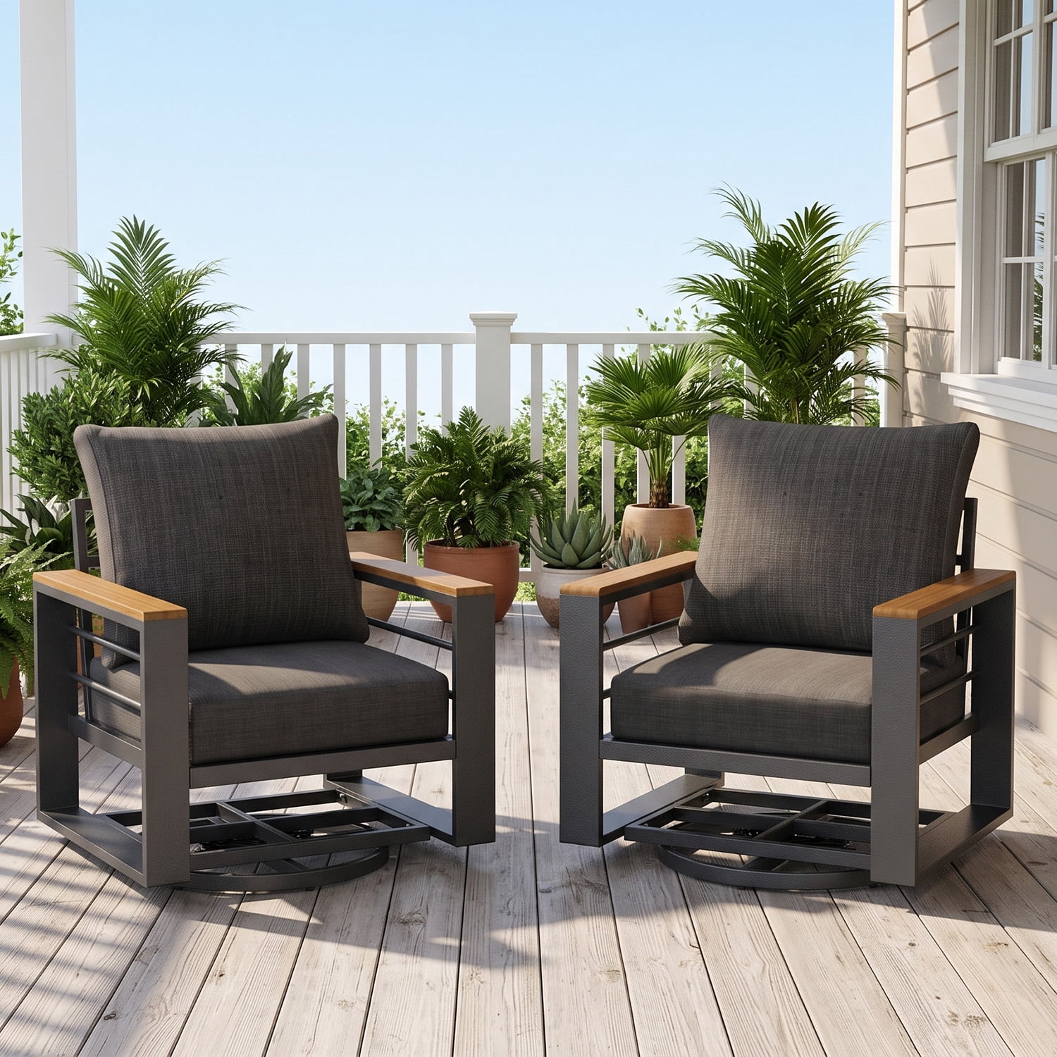 BaPiPro 2PCS Outdoor Swivel Patio Chairs, All Aluminum Frame with Wood-Look Armrest, 24 Inch Extra Wide Seat Fade Resistant Cushioned Single Sofa Chairs for Backyard Pool, Dark Gray