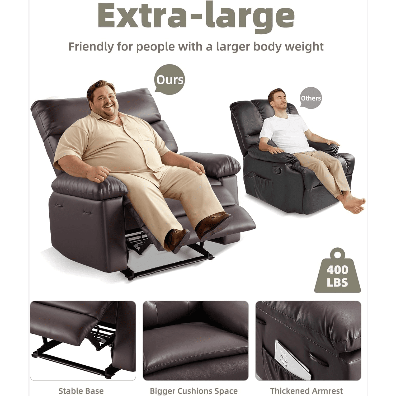 Oversized Manual Recliner Chairs for Adults, PU Leather Small Recliner Chair with 90° - 150° Adjustable Back,Lazy Boy Single Sofa Chairs for Small Space