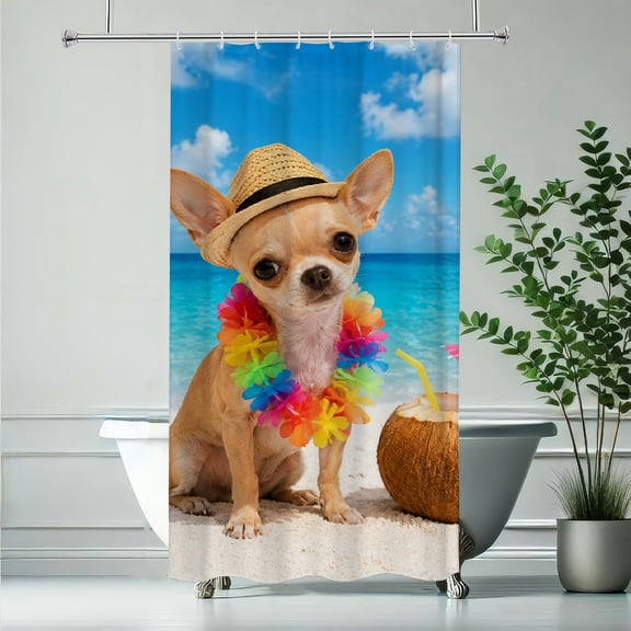 RKSupls Chihuahua Beach Lei Coconut Drink Waterproof Shower Curtain Polyester Shower Curtain with Hooks for Chic Elegant Home Bathtub Bathroom Decor