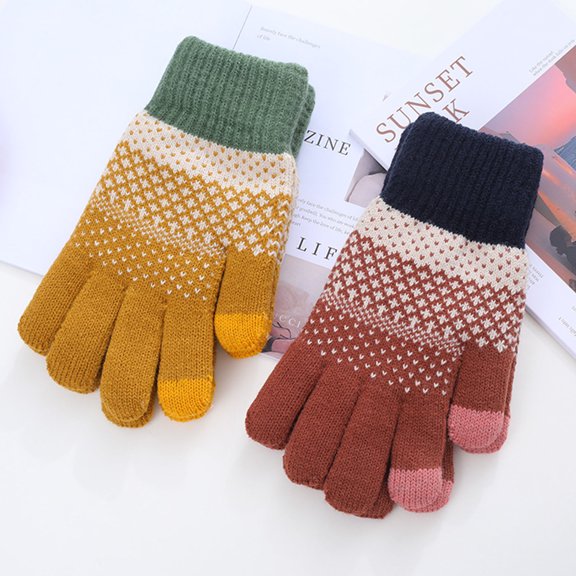 dianhelloya Thickened Warm Full Fingers Touch Screen Ribbed Cuffs Women Gloves Winter Striped Splicing Double Layer Fleece Lining Knitting Gloves for Cold Weather 1 Pair Black