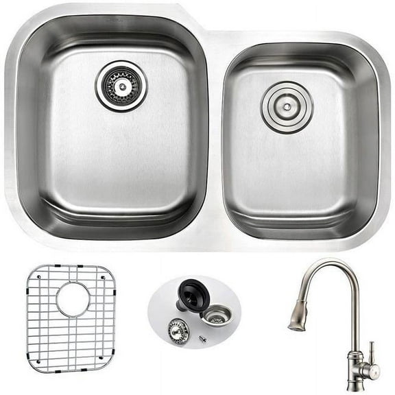 ANZZI MOORE Undermount 32 in. Double Bowl Kitchen Sink with Singer Faucet in Brushed Nickel
