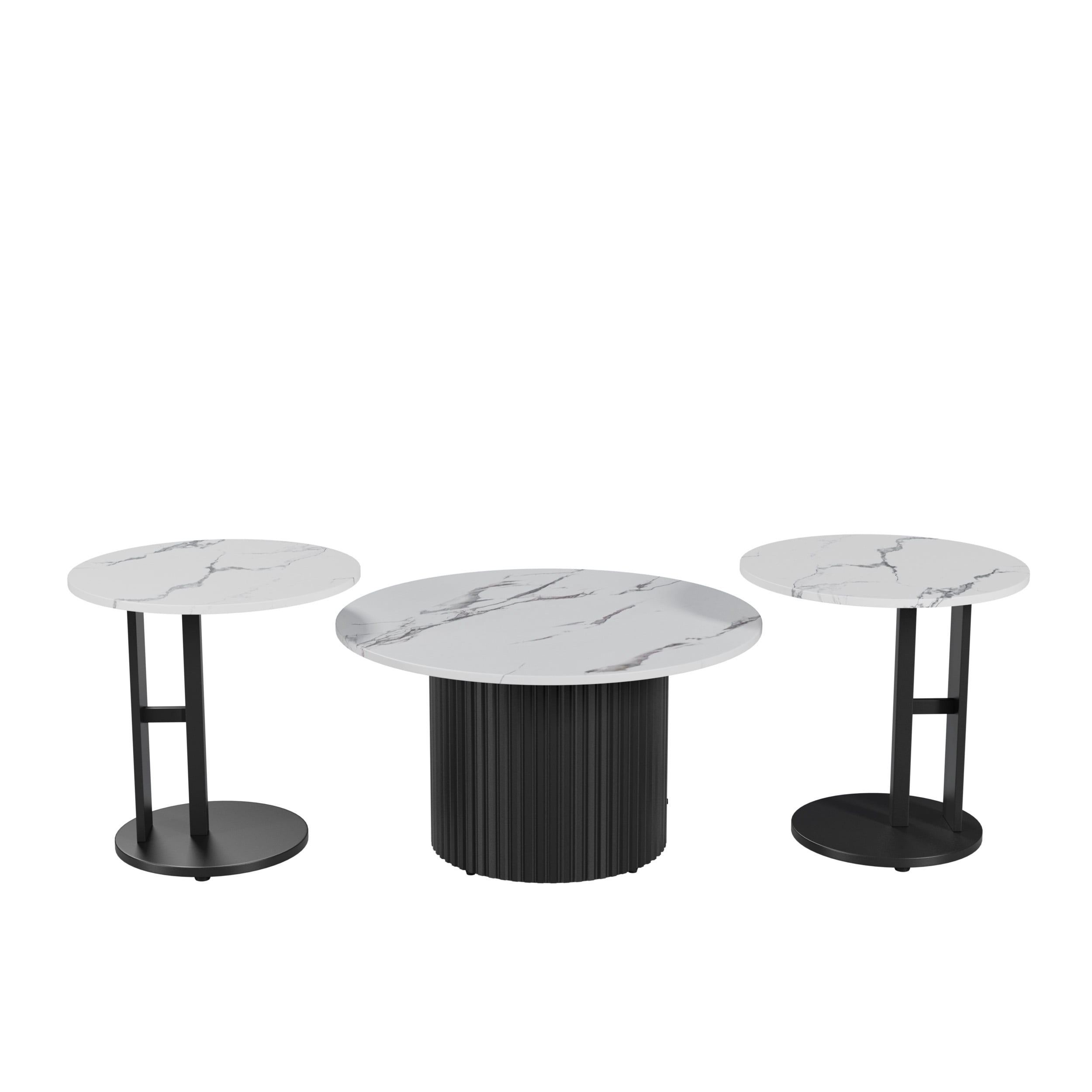 Astoutdoor Coffee Table Set of 3, Modern Nesting Tables with Faux Marble Top and Metal Legs, Round Coffee & Side Tables with Ribbed Design for Living Room, Small Space Apartment