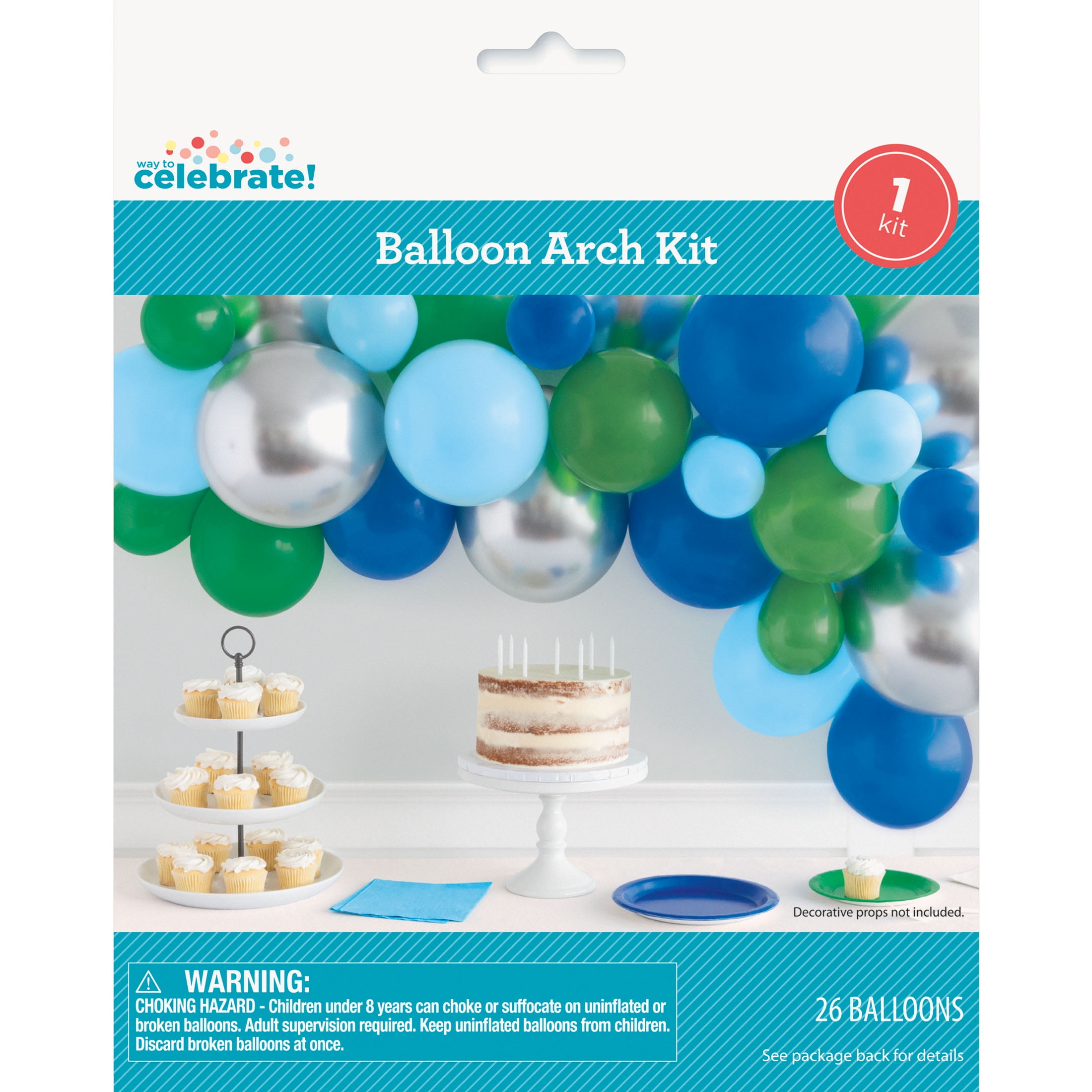 Latex Birthday Balloon Arch Kit, Blue, Green, & Silver, 26 Pieces, by Way To Celebrate