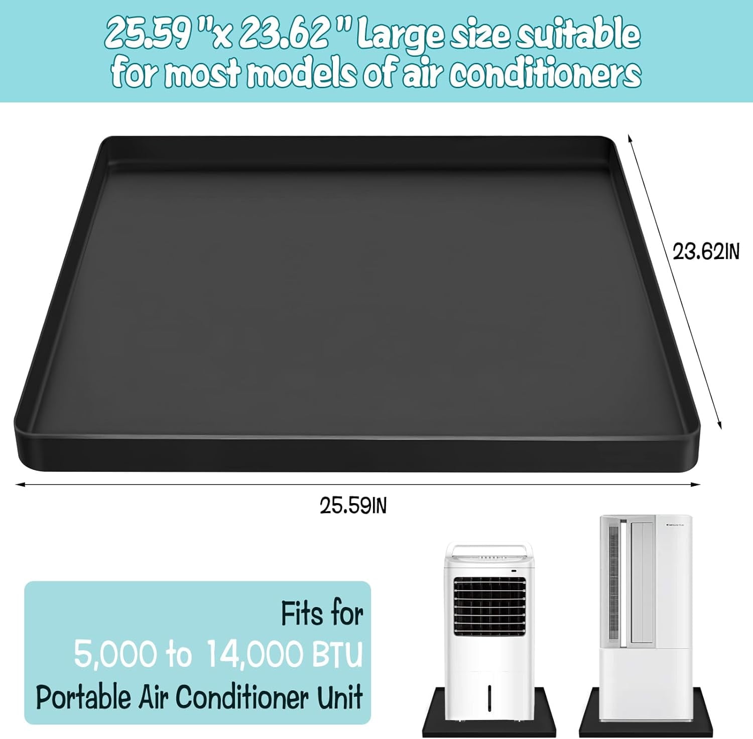 ABPETE  Air Conditioner Drip Pan with Raised Edge, 23.6" x 25.6" Silicone AC Drain Pan for 5,000 to 14,000 BTU AC Unit, AC Drip Tray for Catching & Preventing Condensate Leakage, Black
