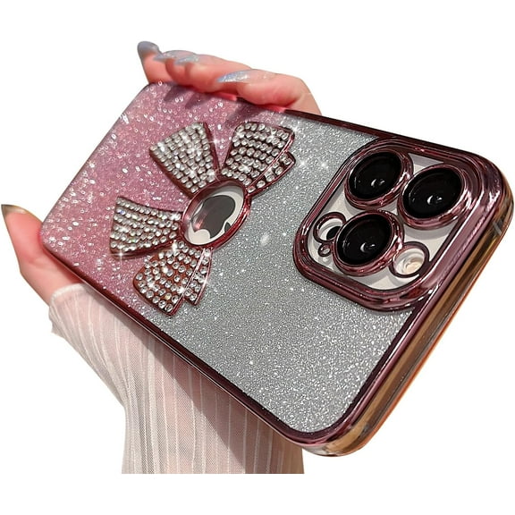 Compatible with iPhone 15 Pro Max Glitter Case,Luxury Cute Bowknot Sparkle Shine Diamond Design with Bling Plating Logo View,Aesthetic Shockproof Bumper Cover for Women Girls-Pink