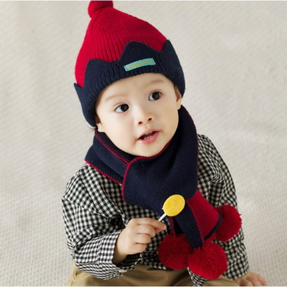 EGNMCR Toddler Hat Newborn Infant Baby Boys Girls Warm Knit Crochet Pompon Hat Beanie Cap+Scarf Girl Server