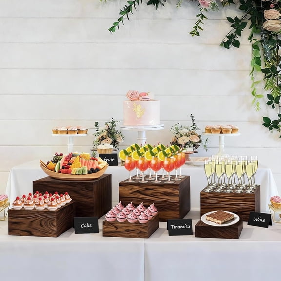 6 Pcs Buffet Risers and Stands with Food Signs, Rustic Wood Cake Stand
