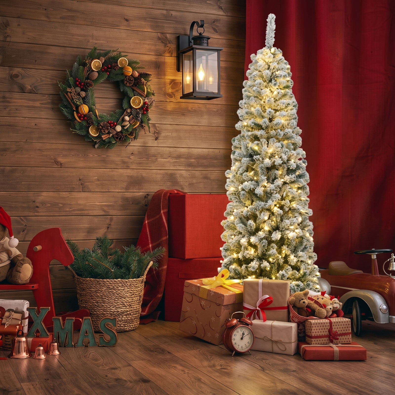 RUIE 6 Feet Pre-Lit Snow Flocked Artificial Pencil Christmas Tree with 250 Warm White LED Lights and 500 Branch Tips, Slim Metal Stand for Home Holiday Decor, White