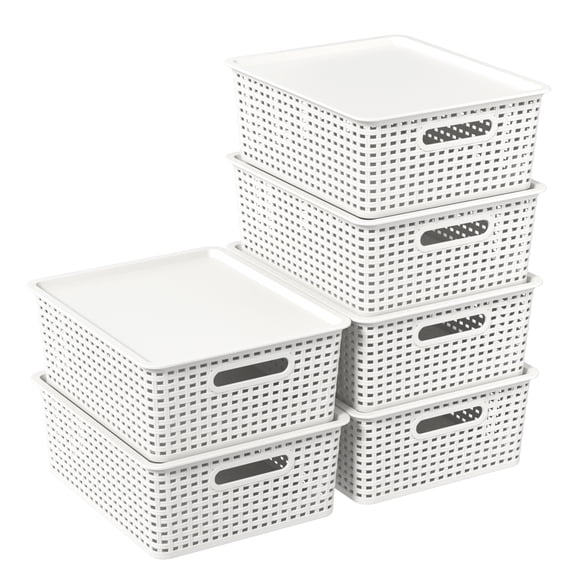 Wekioger Plastic Woven Baskets with Lids, Large White Storage Basket, Set of 6
