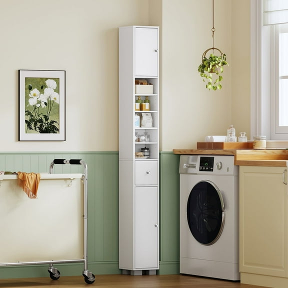 Narrow Slim Bathroom Storage Cabinet with Adjustable Shelves & Drawer, 71" H Tall Bathroom Cabinet for Small Spaces, White
