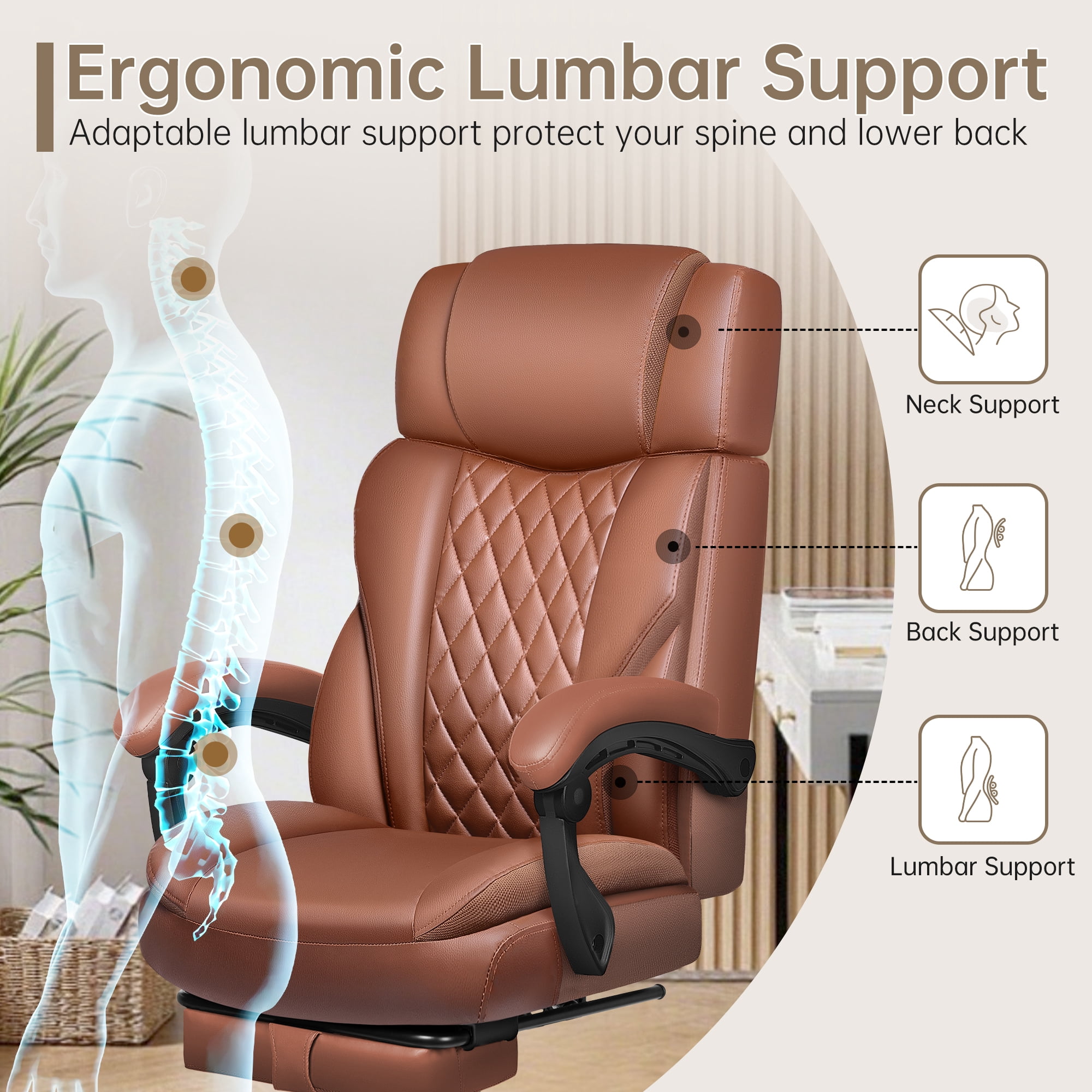 FASTES Big and Tall Ergonomic Office Chair with Footrest - Leather Computer Desk Chair, Reclining High Back Ergonomic Chair with Adjustable Headrest & Lumbar Support, Brown