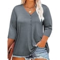 thumbnail image 2 of Womens Plus Size 3/4 Sleeve Tops Casual V Neck Three Buttons Tee Shirts Basic Loose Fit Tunic Blouse Summer 2025, 2 of 6