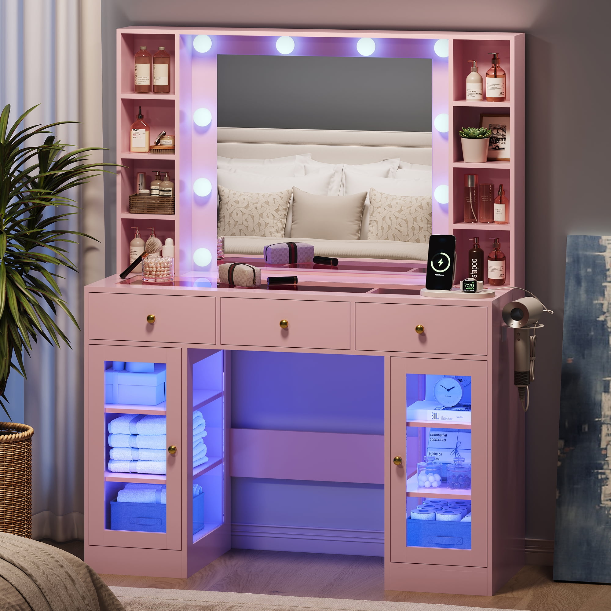 Vanity Desk with Mirror and Lights, Glass Top Vanity with Lighted Mirror & RGB Glass Cabinet and 3 Drawers, Makeup Vanity Desk with Lights Dressing Table for Bedroom, 3 Color Modes