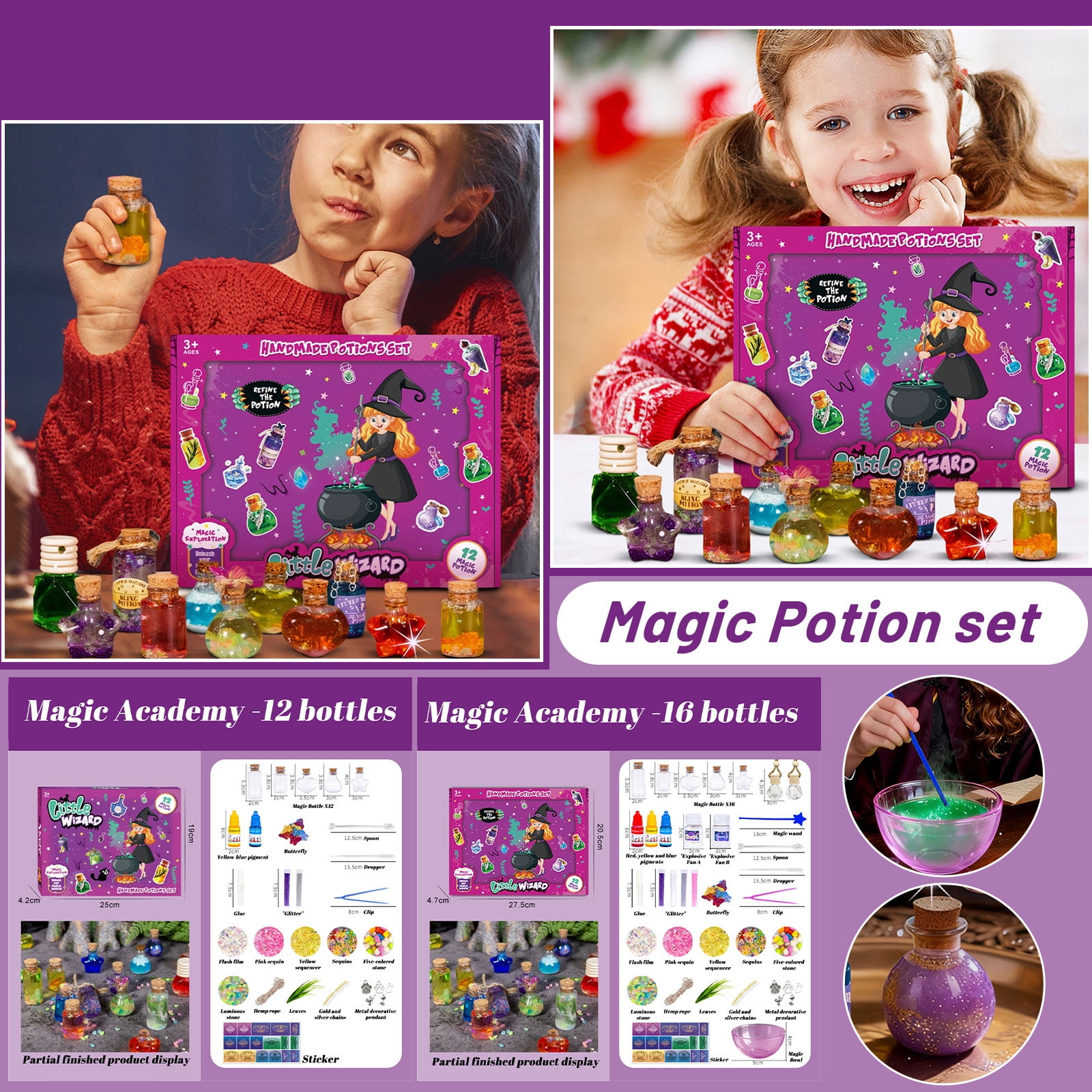 16 Count 50Ml Children's Diy Potion Making Kit With Glow-In-Dark Beads & Recipe Book, Creative Science Craft Set For Kids, Halloween Christmas Birthday Gift For Family Fun
