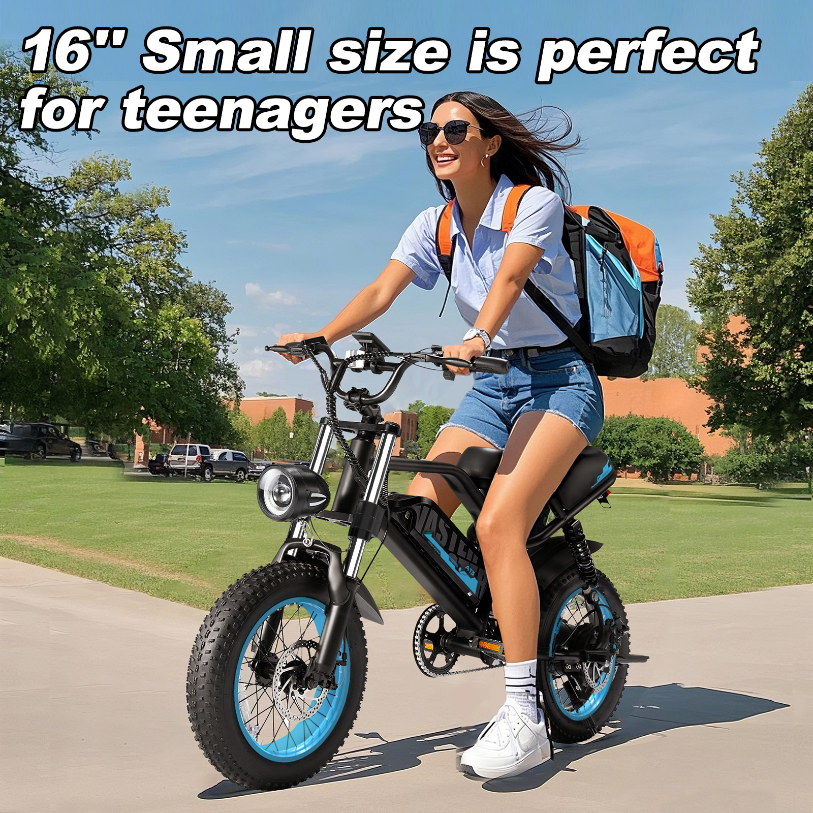 VDL Mountain Electric Bike , 16" Fat Tire Ebike, Wider Seat 800W Peak Motor, Removable Battery, Front Fork Suspension