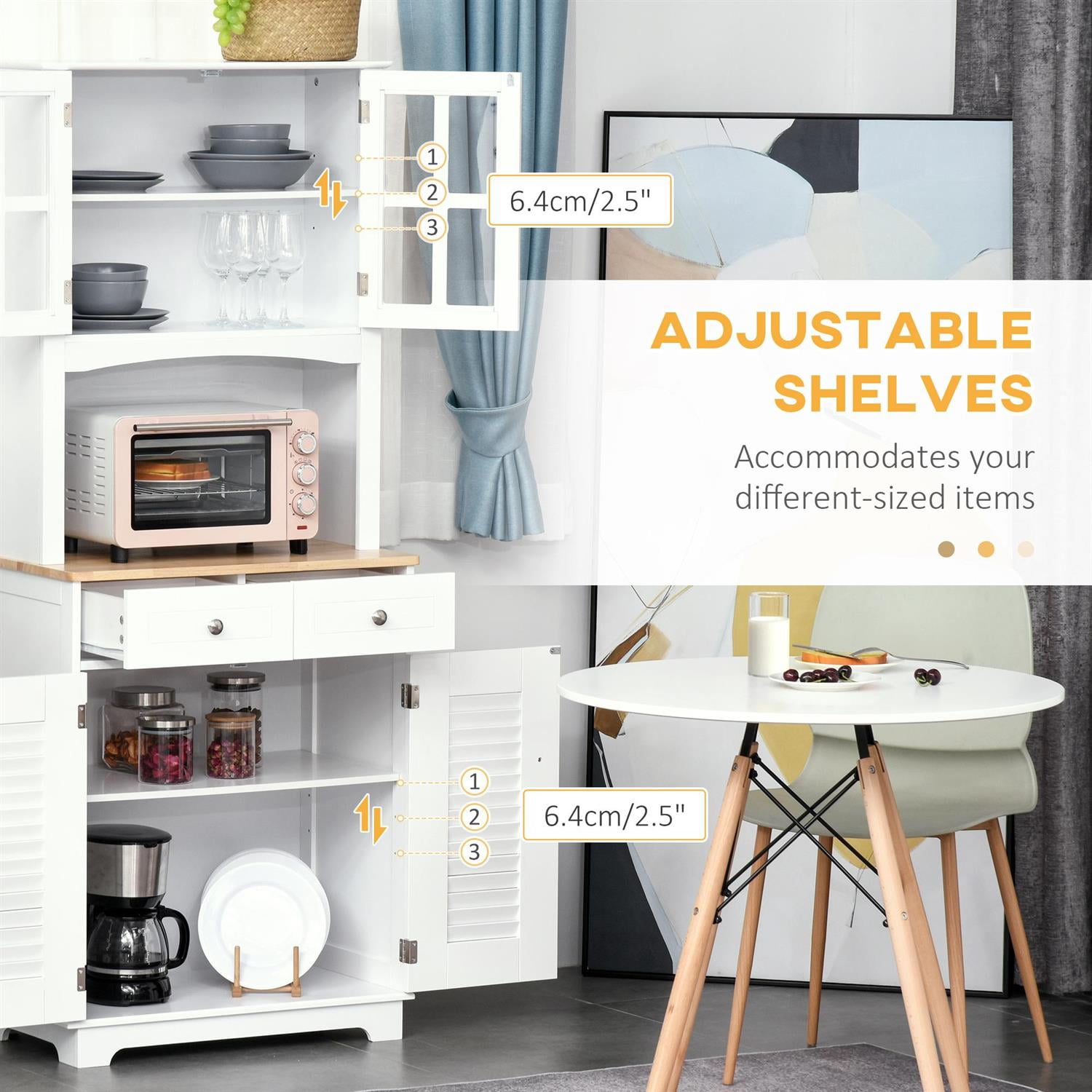 Demi Bonn 67" Modern Buffet with Hutch, Kitchen Pantry Cabinet with Glass Doors & Drawers, Microwave Cabinet, White