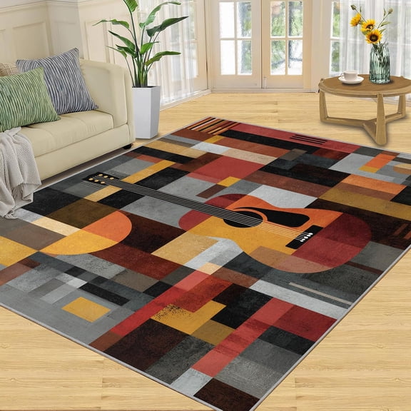 Music Guitar Geometric Area Rugs, Black Abstract Carpet, Washable Non Slip Low Pile Soft Rug for Living Room Bedroom Dining Room Home Office Decor Mat 2x3ft