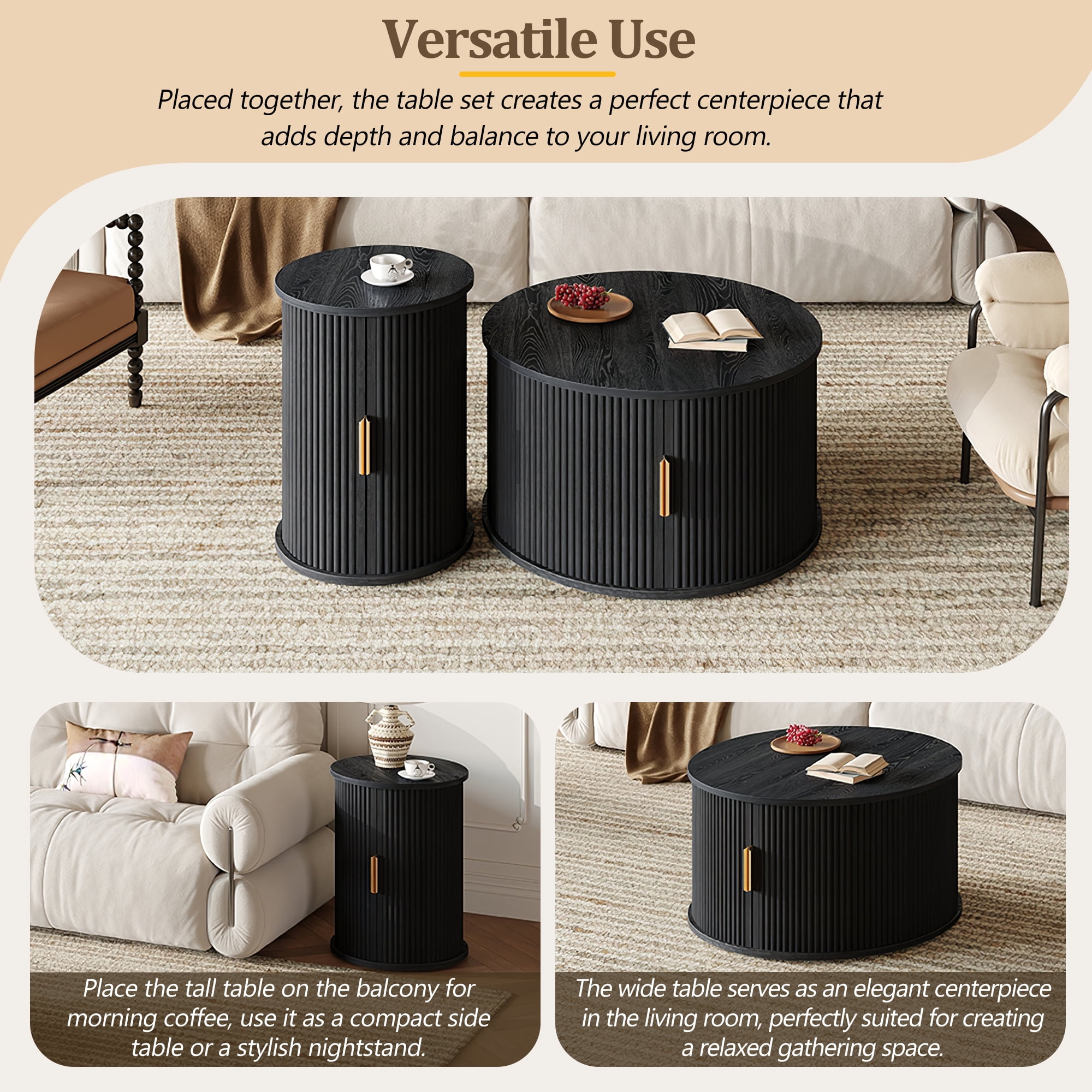 Euroco Mid-Century Coffee Table Set with Sliding Tambour Door, Round Fluted End Table With Storage, Golden Handle Tall & Low Side Table with Wooden Finish for Living Room, Set of Two