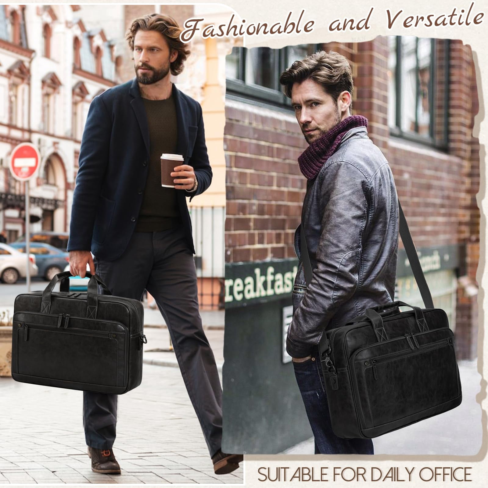 RAINSMORE Mens Laptop Bag 16 Inch Leather Briefcase Vintage Messenger Bag for Men Large Crossbody Shoulder Office Computer Bag Retro College Satchel Bag for Work, Business,Travel,Black