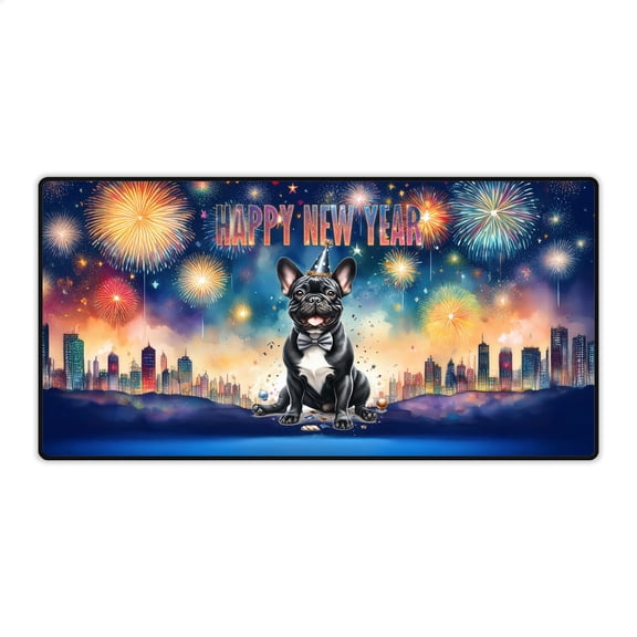 Happy New Year with French Bulldog Fireworks Holiday Xmas Winter 2025 Desk Mat Full Keyboard Mouse Pad Dog Lover Gifts Large Mousepad - 00025