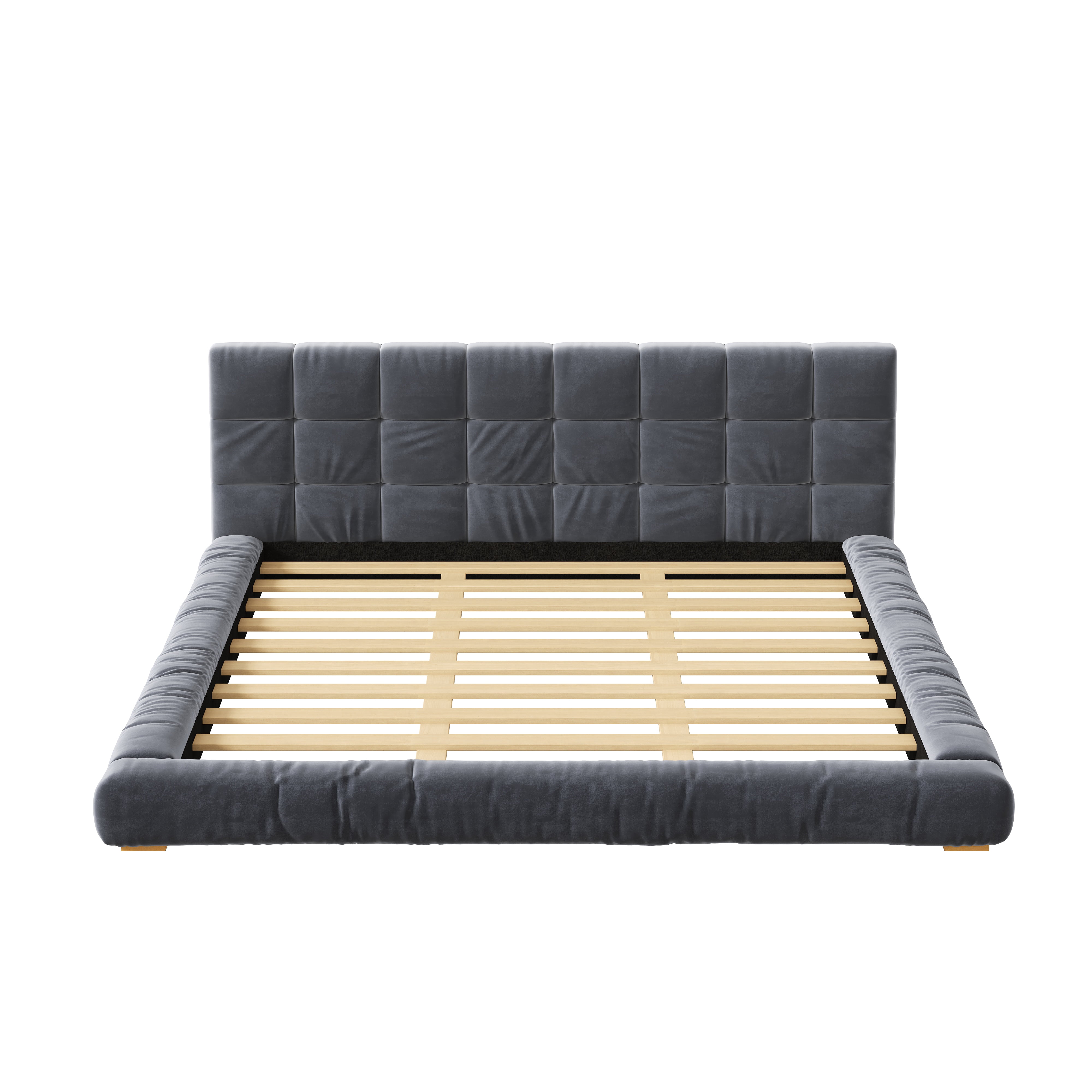 Euroco Velvet Upholstery King Size Platform Bed with Channel Tufted Headboard, Gray