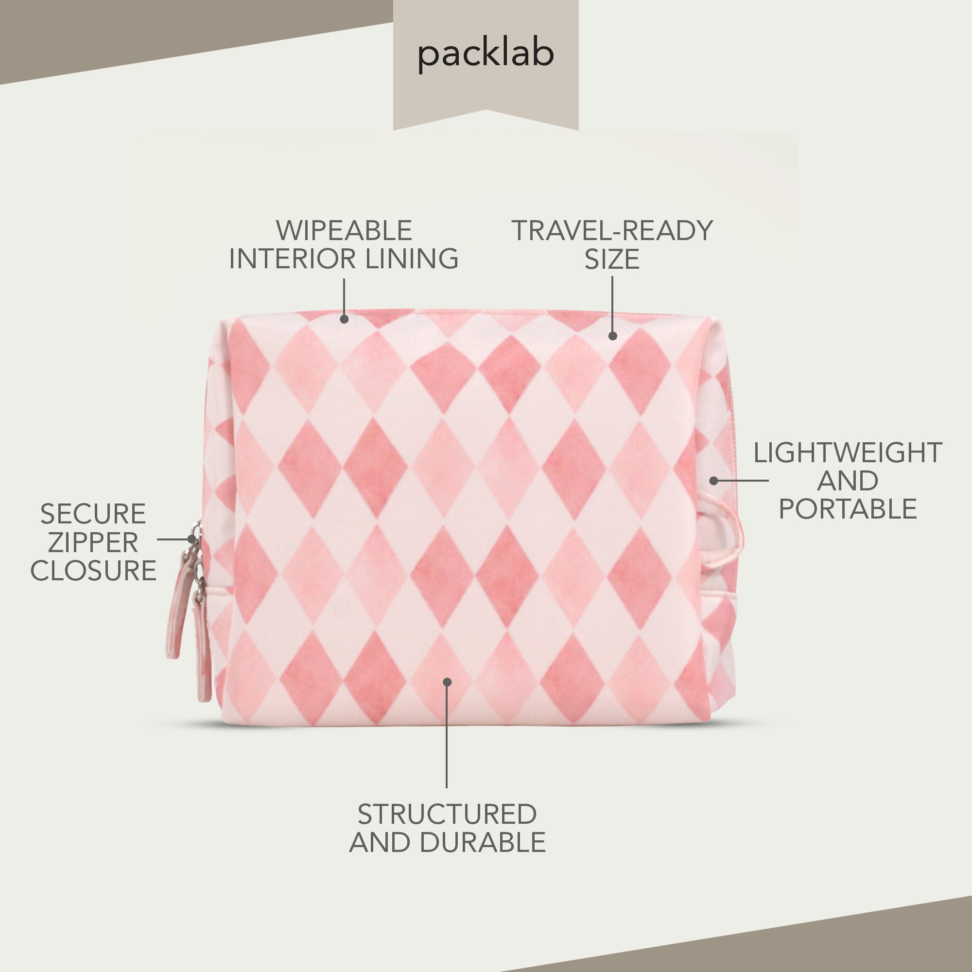 packlab Travel Makeup & Toiletry Cosmetic Bag, Pink Harlequin Organizer Pouch