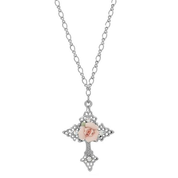 Symbols Of Faith Crystal And Porcelain Rose Cross Pendant Necklace 18"