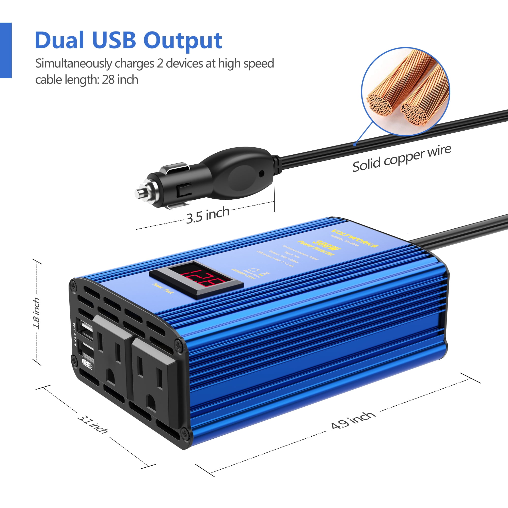 VOLTWORKS 300 Watt Car Power Inverter DC 12V to AC 110V with 4.2A Dual Smart USB Ports Car Adapter