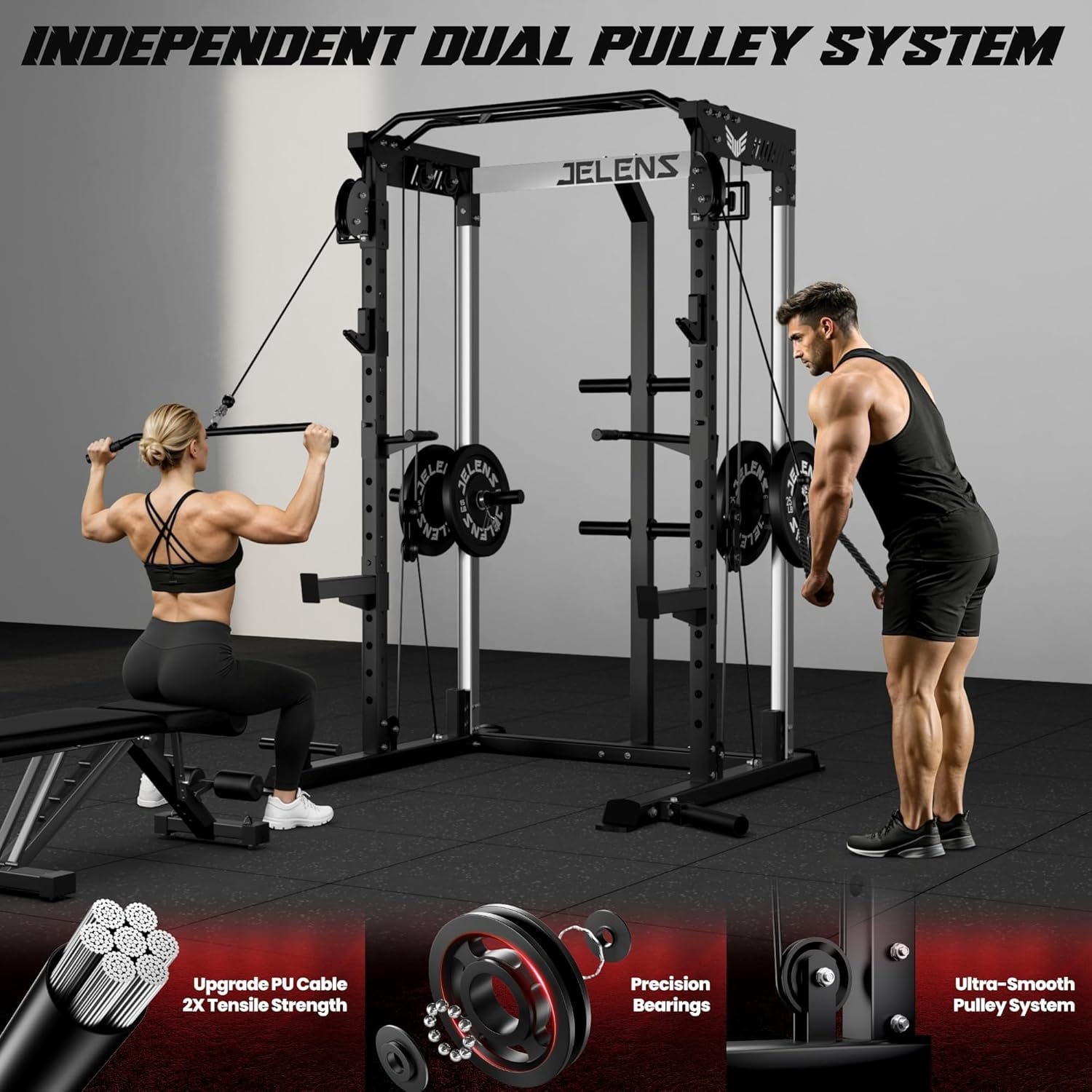 Multi-Function Power Rack Cage,2000lbs Dual Pulley Cable Crossover Machine with J Hooks, Dip Bars & Landmine for Home Gym