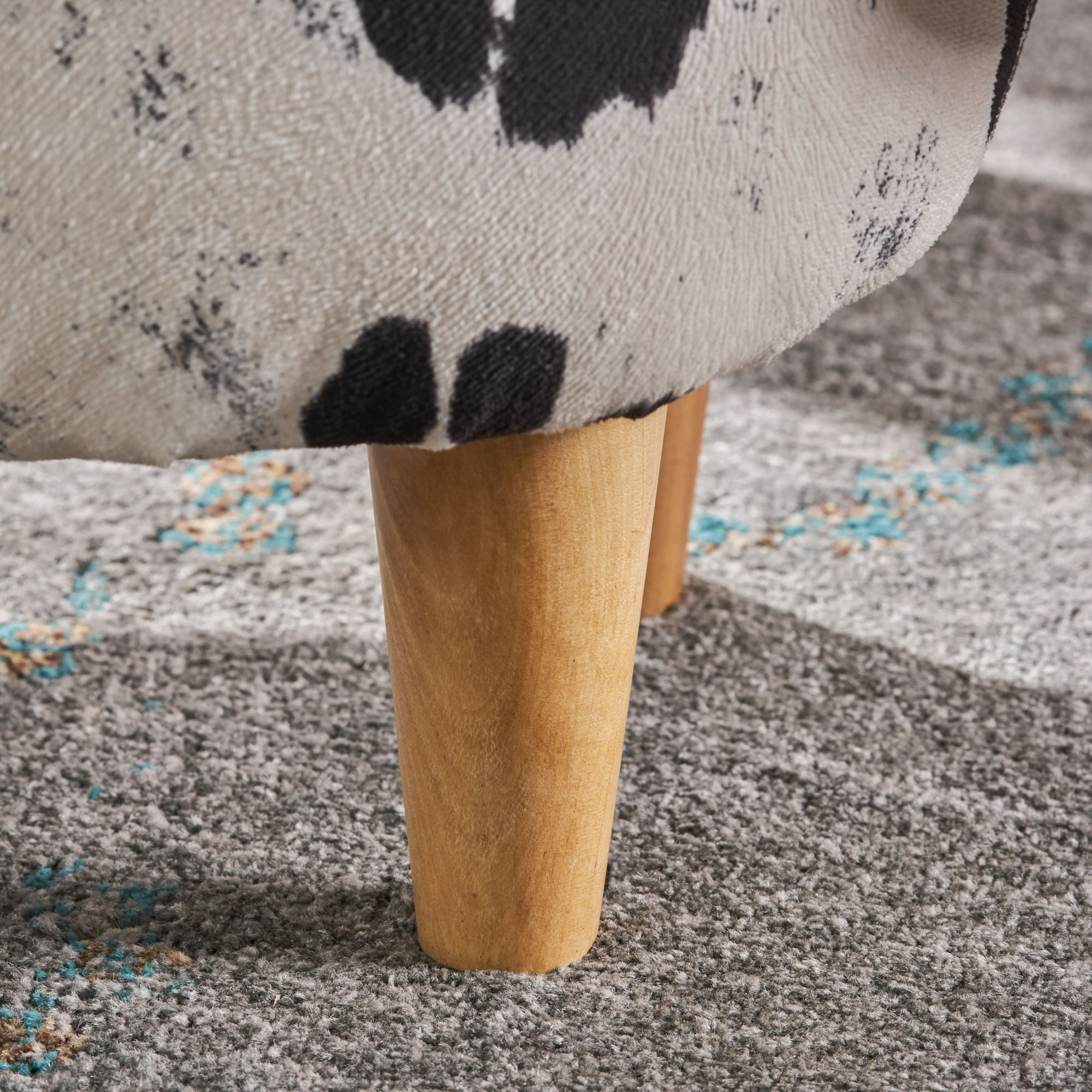 Cow-Shaped Ottoman with Velvet Horns and Birch Legs, Black and White Animal Footstool for Living Room and Bedroom