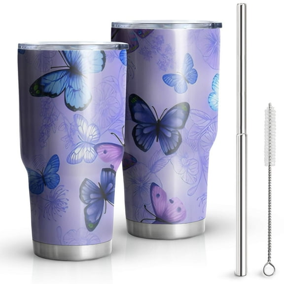 30oz Purple Butterfly Flower Pattern Tumblers Stainless Steel Tumbler with Lid and Straw,Vacuum Insulated Double Wall Travel Tumbler Cups Mug with Cleaning Brush for Coffee,Tea