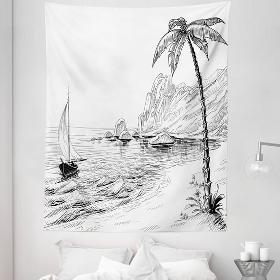 Tropical Tapestry, Sea Beach Boat Palm Trees Sketch of Island Hand Drawn Illustration, Fabric Wall Hanging Decor for Bedroom Living Room Dorm, 5 Sizes, White Pale Grey and Black, by Ambesonne
